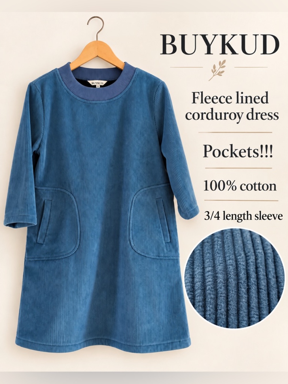 BUYKUD Fleece-Lined Corduroy Dress – Size M